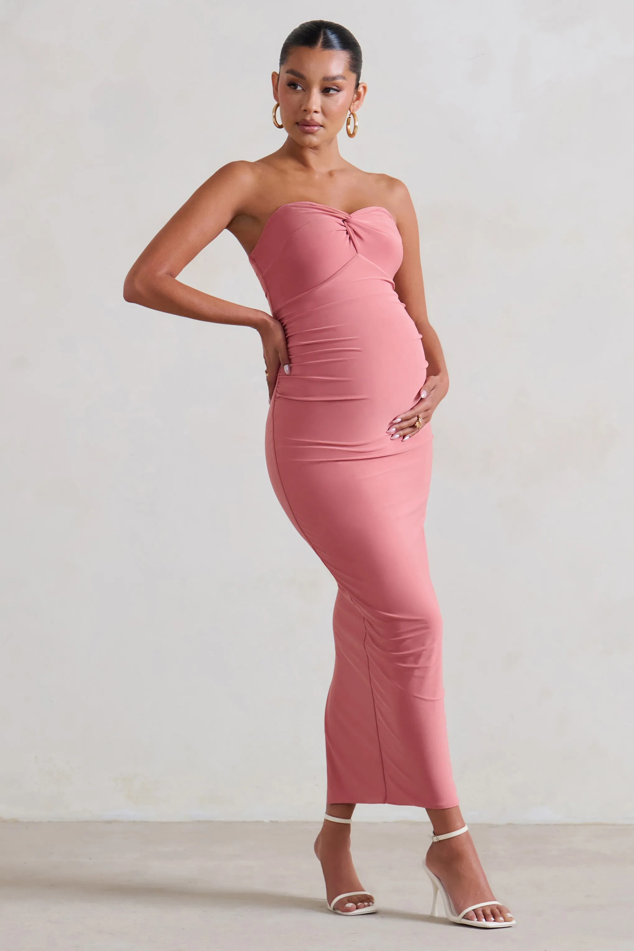 Evita | Pink Maternity Sweetheart Twist Detail Midi Dress sold by Club L London
