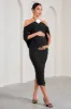 Daisy | Black & White Ruched Flower Halter-Neck Drape-Sleeve Maternity Midi Dress sold by Club L London