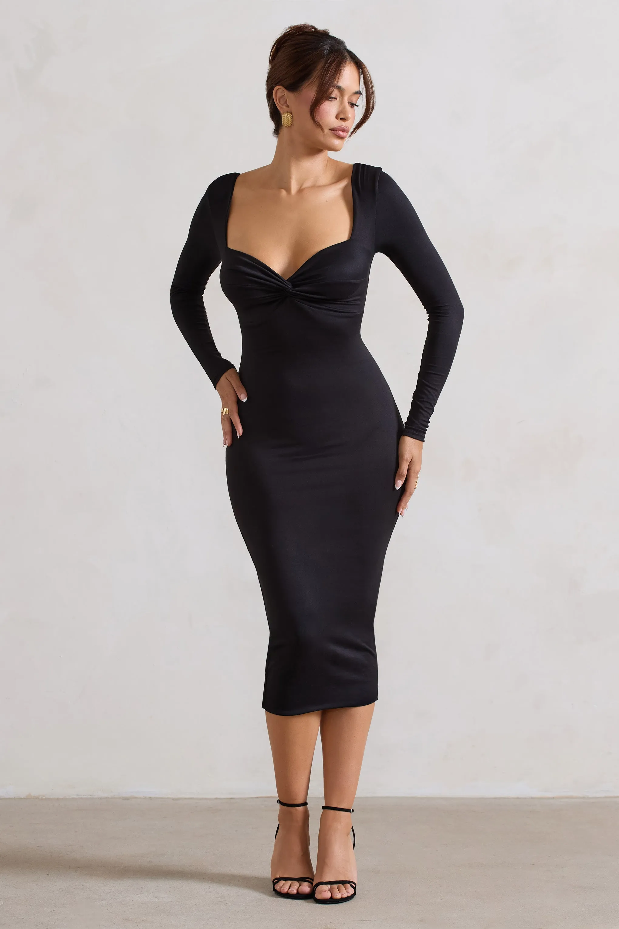 Sammy | Black Bodycon Sweetheart Midi Dress sold by Club L London