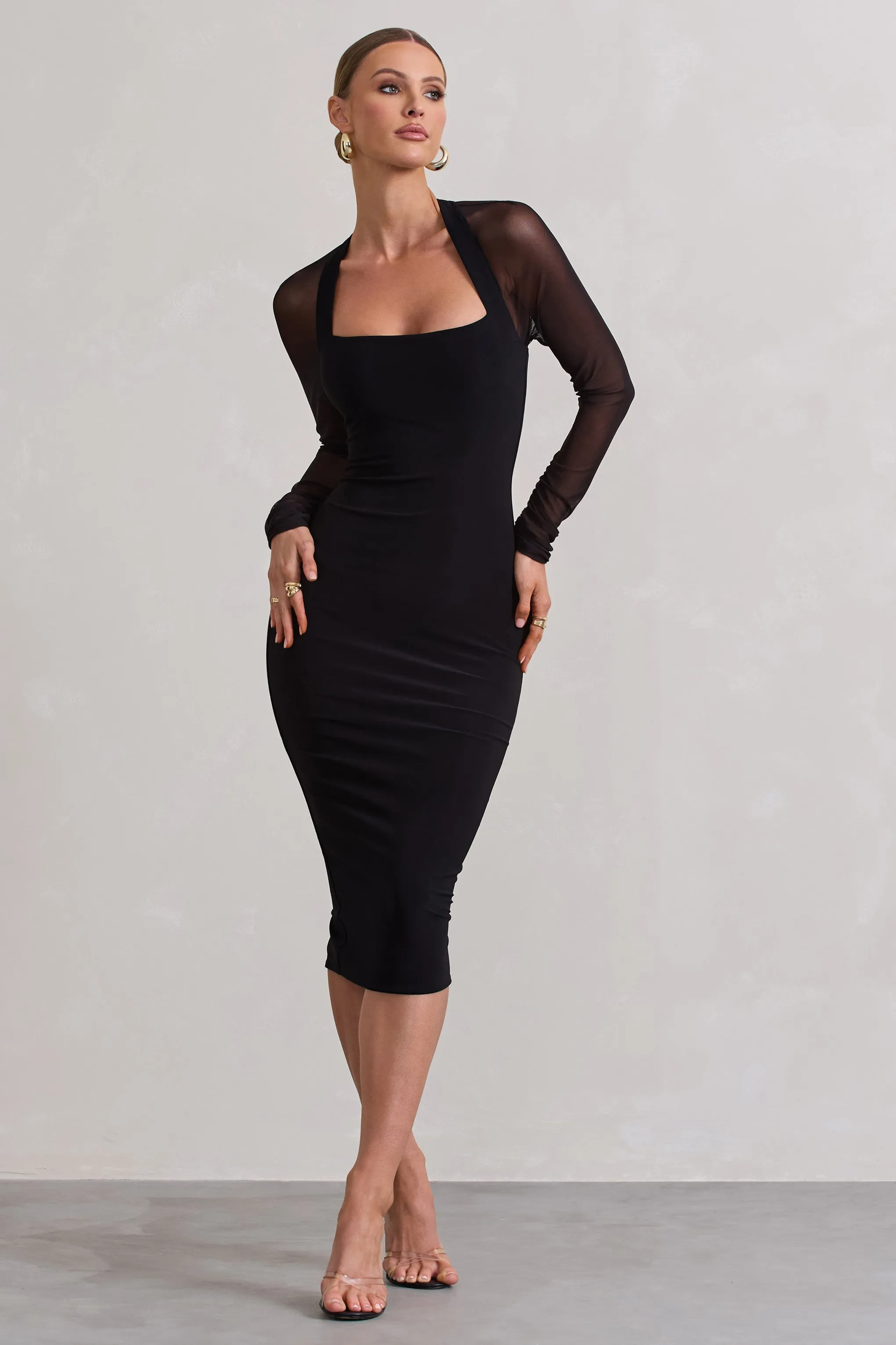 Off Track | Black Bodycon Midi Dress With Sheer Sleeves sold by Club L London product image thumbnail 4