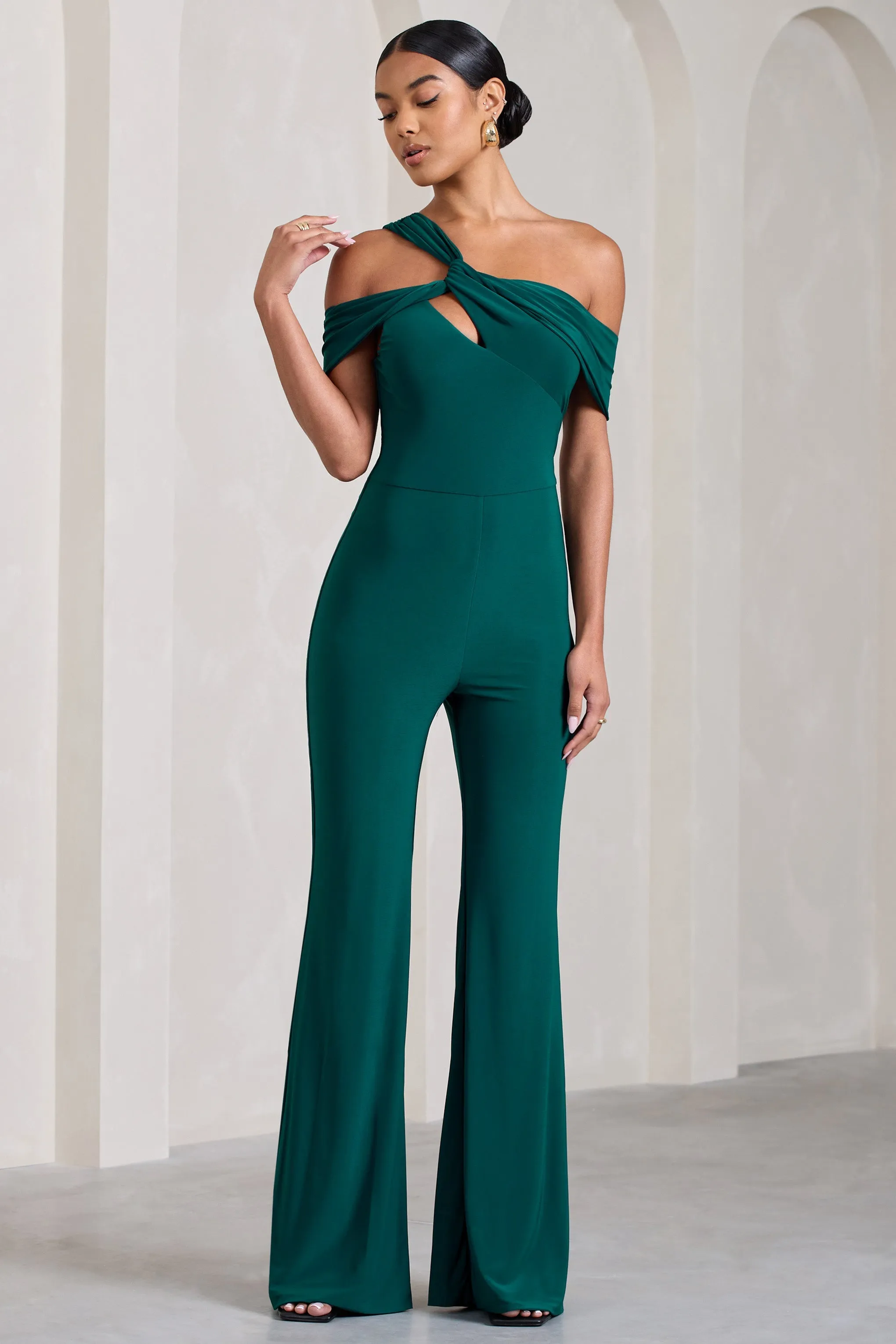 Striking | Bottle Green Strappy Asymmetric Flared-Leg Jumpsuit sold by Club L London product image thumbnail 4