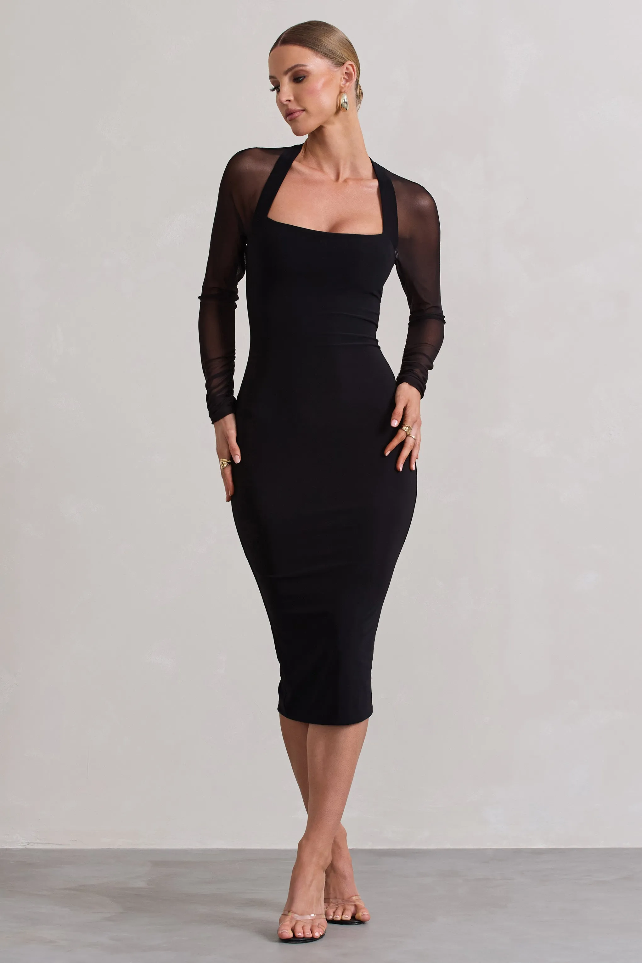 Off Track | Black Bodycon Midi Dress With Sheer Sleeves sold by Club L London product image thumbnail 5