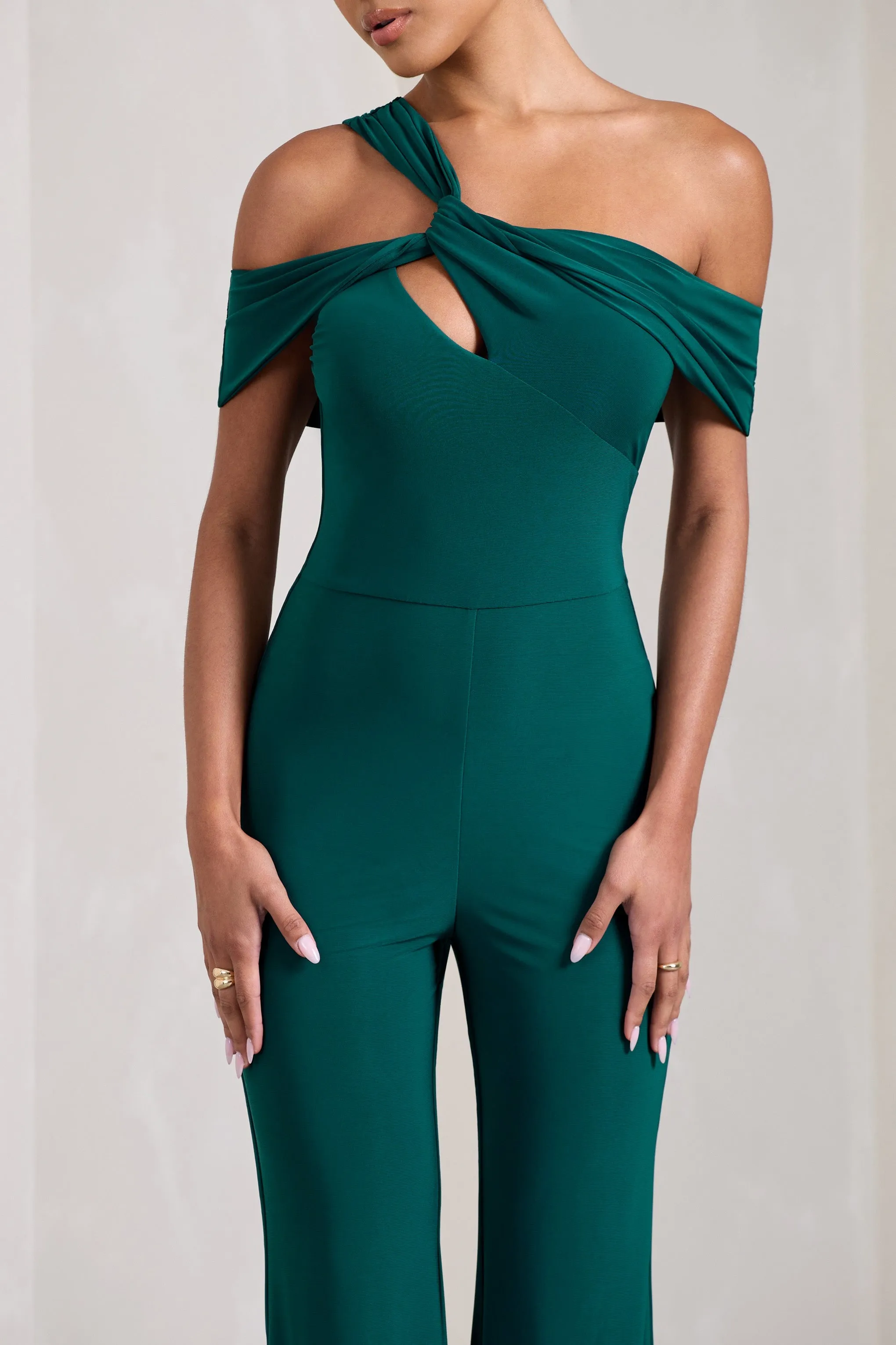 Striking | Bottle Green Strappy Asymmetric Flared-Leg Jumpsuit sold by Club L London product image thumbnail 3