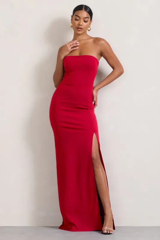 Belle of The Ball | Red Bandeau Maxi Dress With Split Hem sold by Club L London