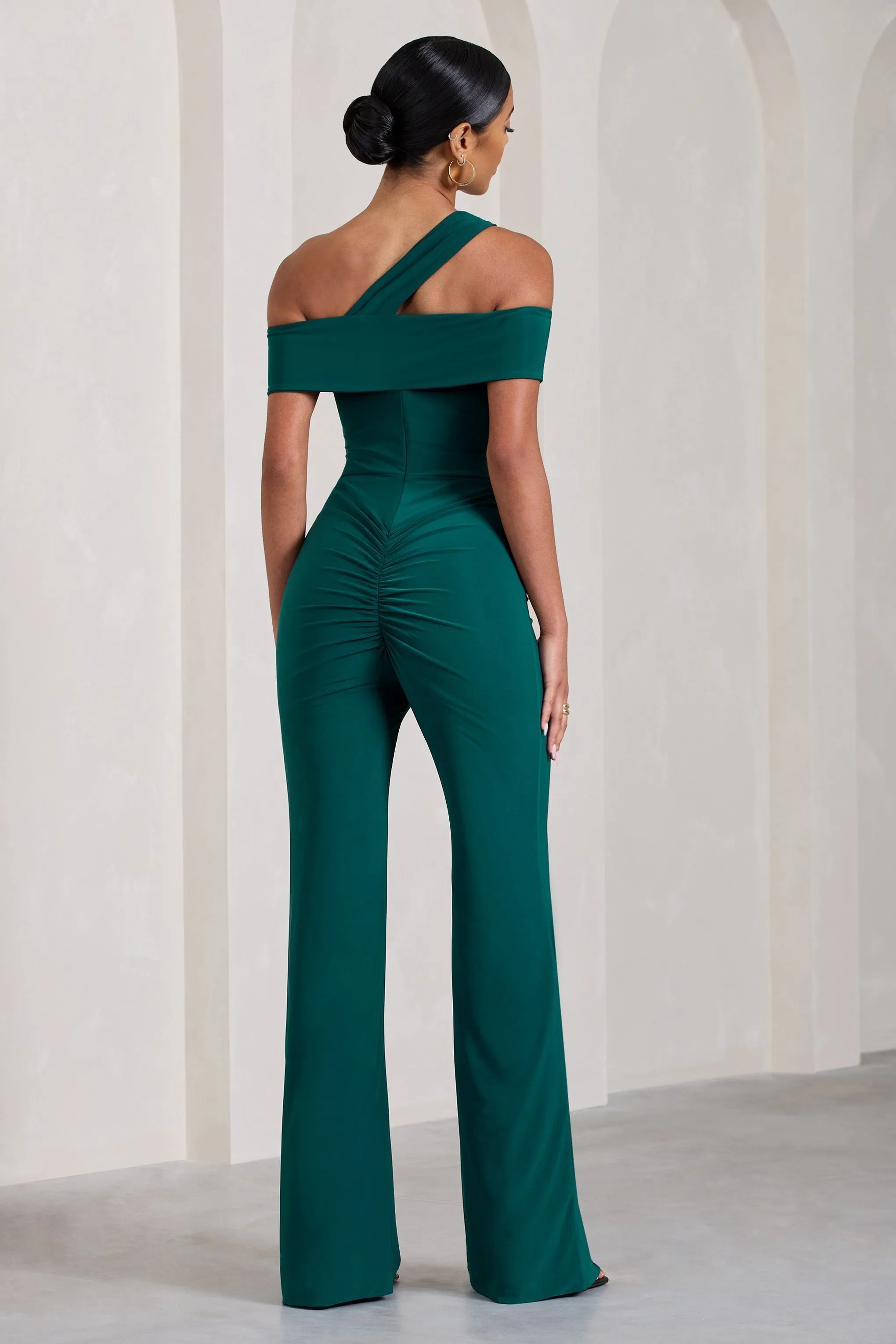 Striking | Bottle Green Strappy Asymmetric Flared-Leg Jumpsuit sold by Club L London product image thumbnail 2