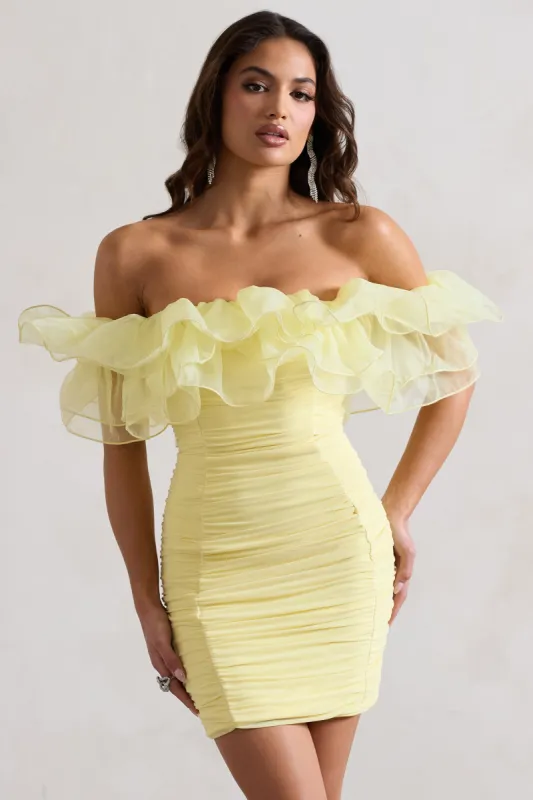 Waterlily | Lemon Ruched Bardot Mini Dress With Organza Trim sold by Club L London