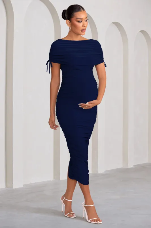 Roxanne | Navy Ruched Bardot Maternity Midi Dress sold by Club L London