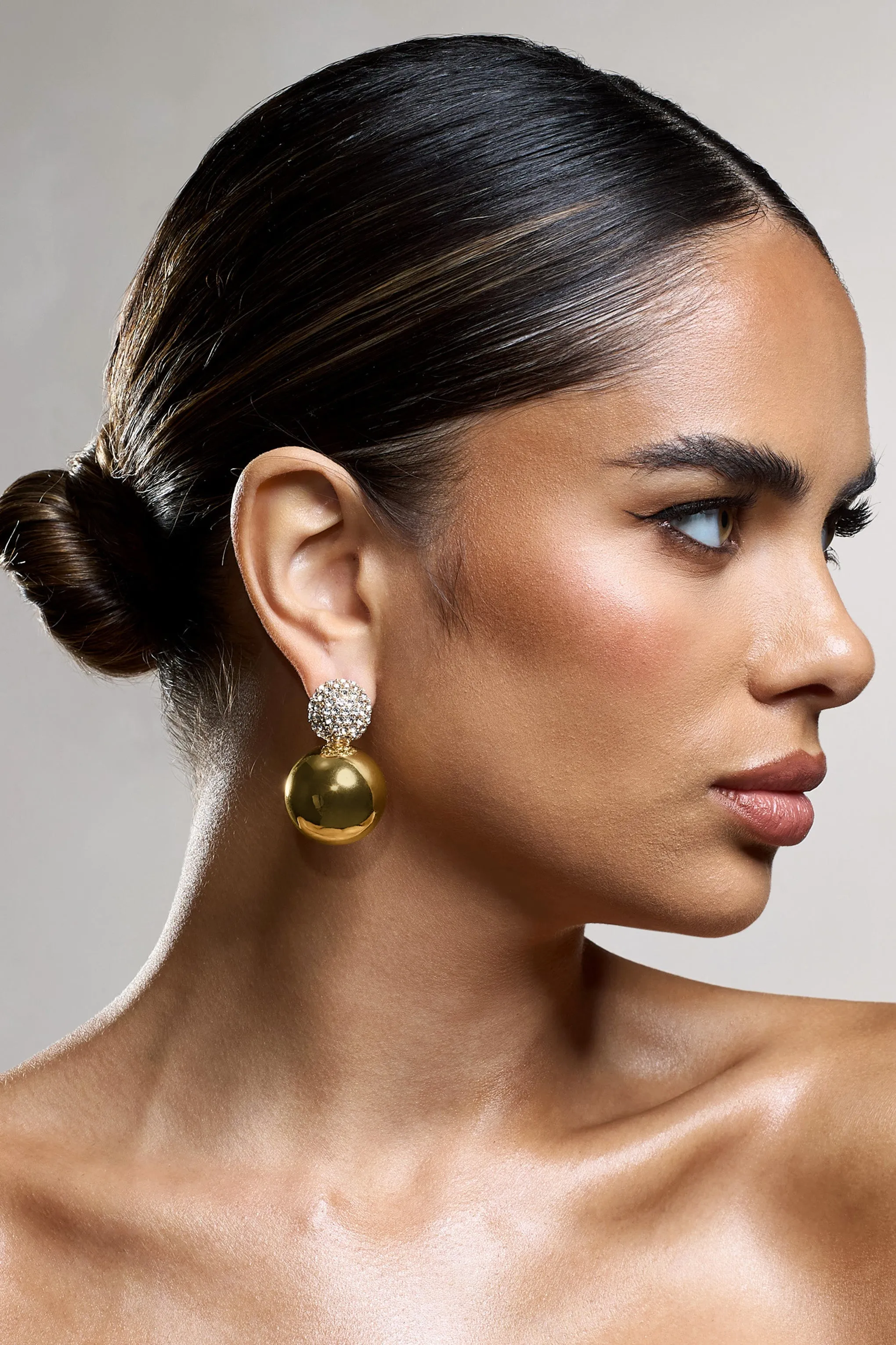 Marlena | Gold Diamante Sphere Drop Earrings sold by Club L London product image thumbnail 3