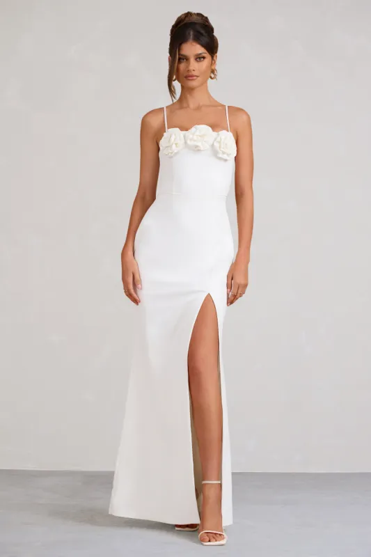 Buttercup | White Strappy Floral Split Maxi Dress sold by Club L London