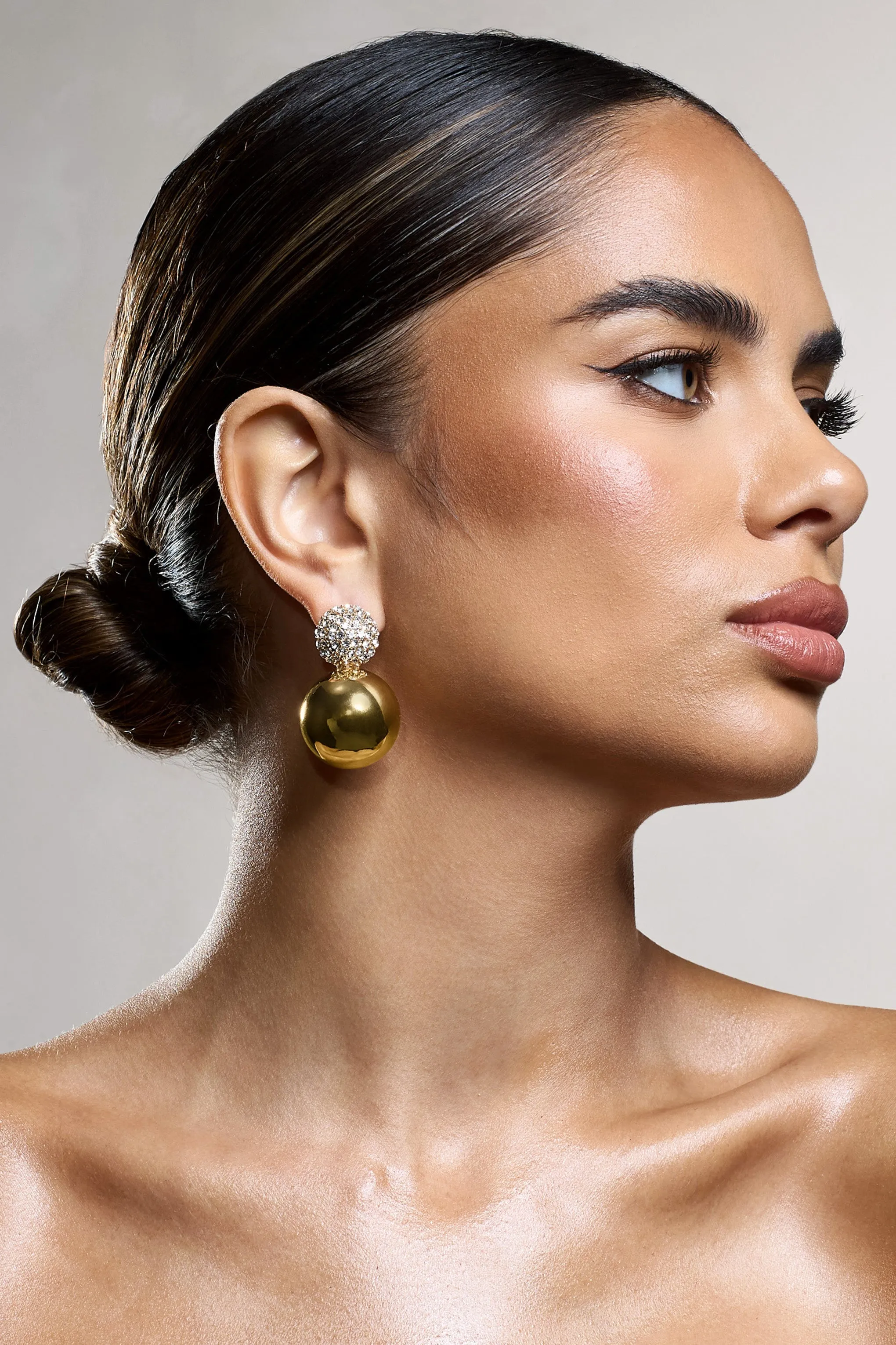 Marlena | Gold Diamante Sphere Drop Earrings sold by Club L London