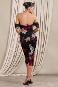 Gracious | Black Floral Print Bardot Ruched Mesh Bodycon Midi Dress sold by Club L London