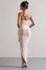 Jaiya | Champagne Ruched Halter-Neck Asymmetric Maxi Dress sold by Club L London