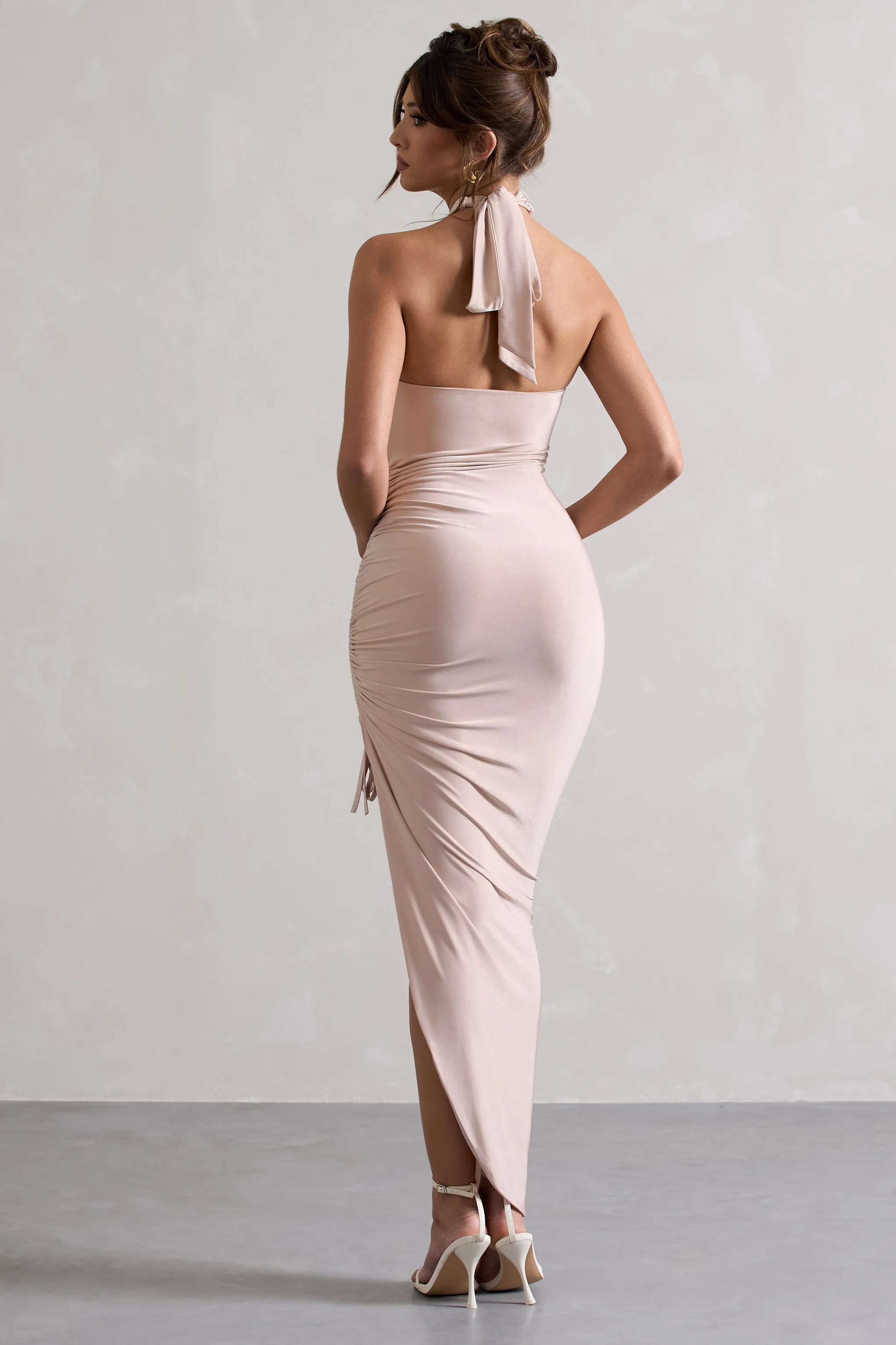 Jaiya | Champagne Ruched Halter-Neck Asymmetric Maxi Dress sold by Club L London product image thumbnail 2