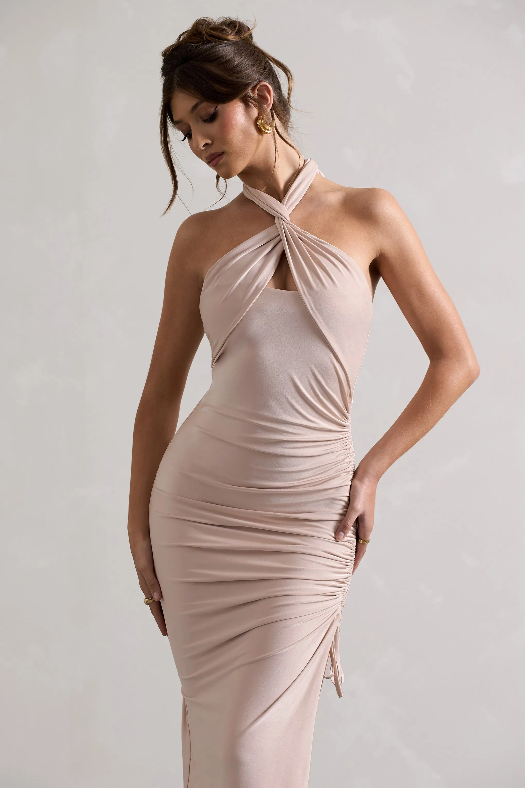 Jaiya | Champagne Ruched Halter-Neck Asymmetric Maxi Dress sold by Club L London product image thumbnail 3
