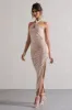 Jaiya | Champagne Ruched Halter-Neck Asymmetric Maxi Dress sold by Club L London