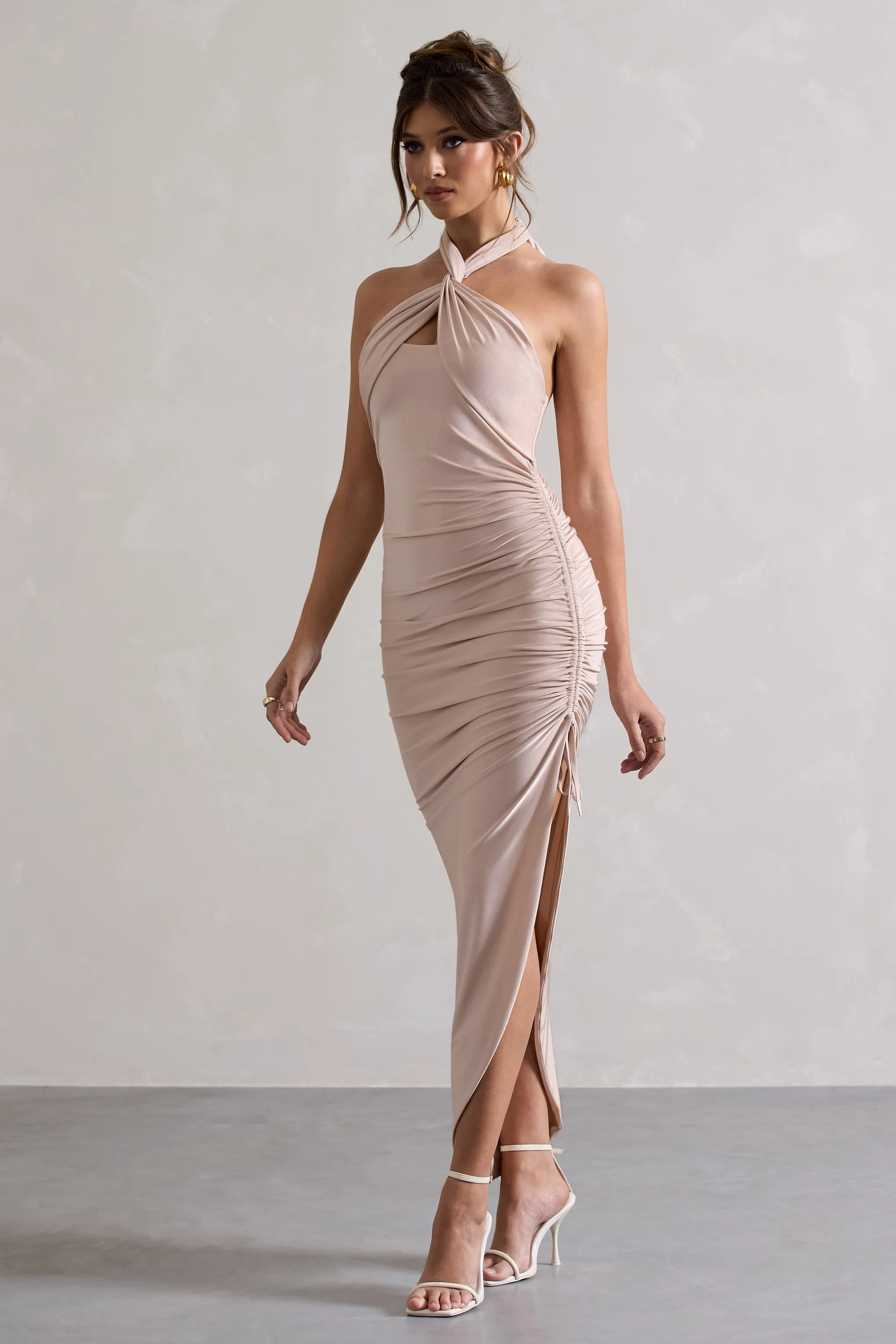 Jaiya | Champagne Ruched Halter-Neck Asymmetric Maxi Dress sold by Club L London product image thumbnail 5