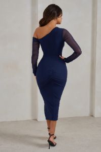 Treasured | Navy Asymmetric Mesh Long Sleeve Ruched Midi Dress sold by Club L London