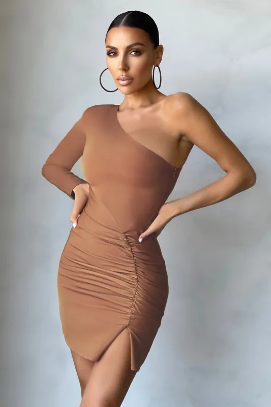 Two Sides | Tan One Shoulder Ruched Side Mini Dress sold by Club L London