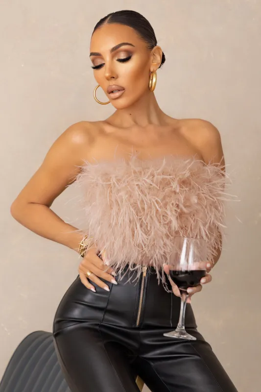 Dream Daze | Dusty Pink Feather Bandeau Crop Top sold by Club L London