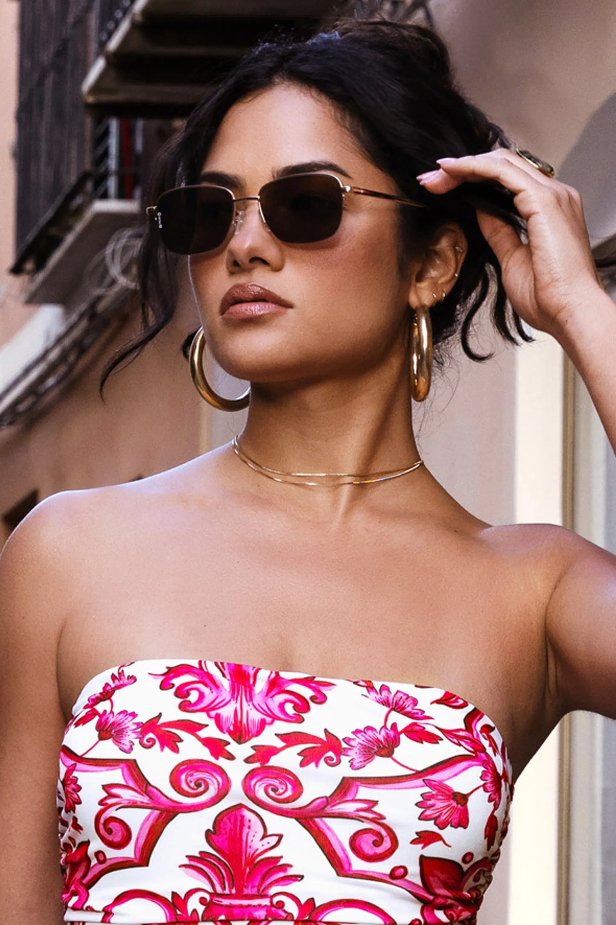 Junior | Otra Gold Small Rectangular Vintage Style Sunglasses sold by Club L London