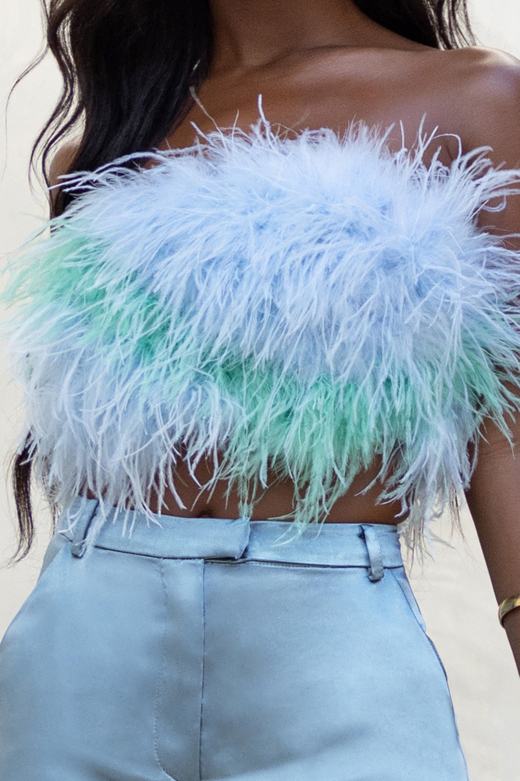 Dream Daze | Powder Blue and Mint Mix Feather Bandeau Crop Top sold by Club L London product image thumbnail 4