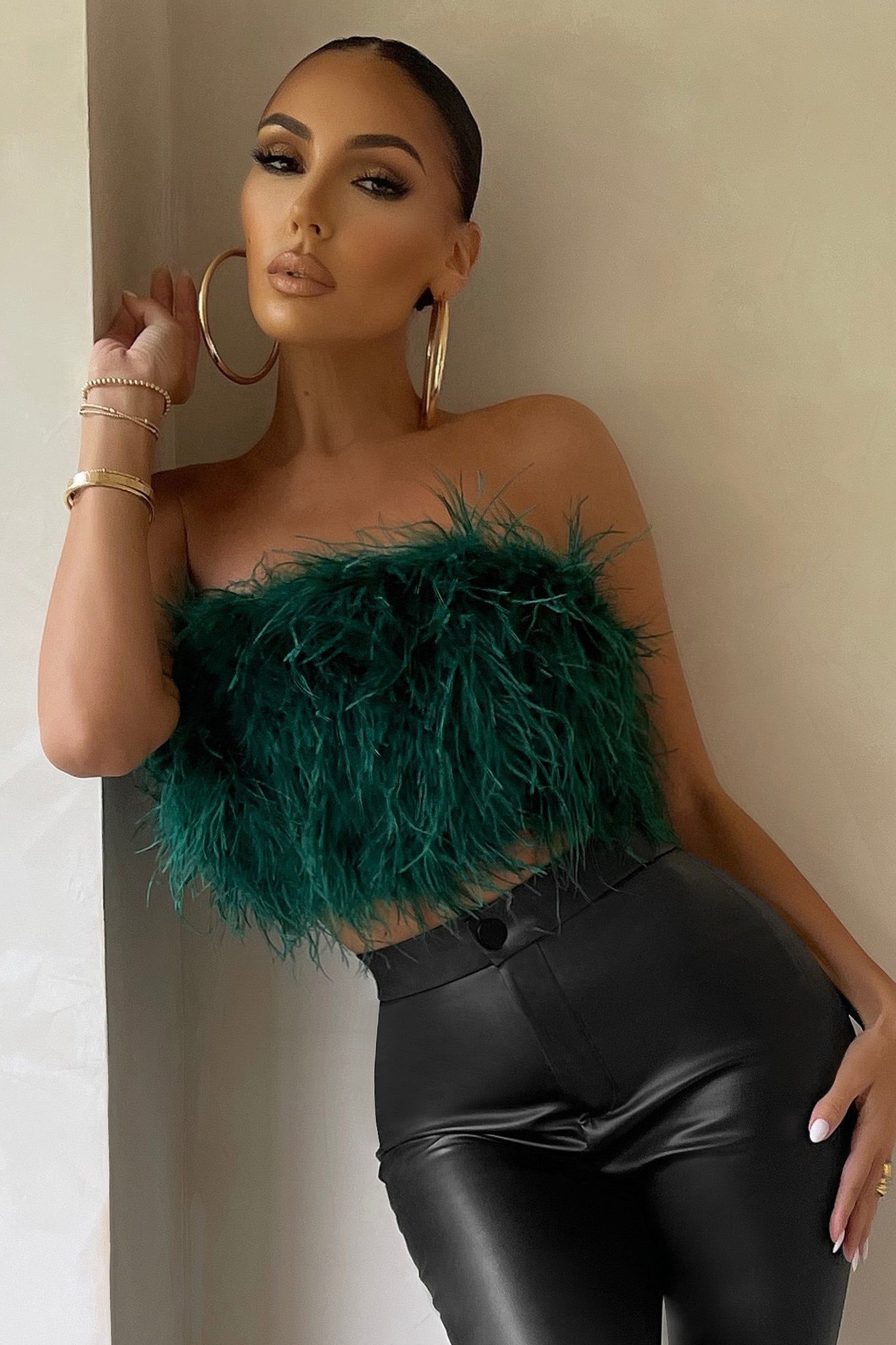 Dream Daze | Green Feather Bandeau Crop Top sold by Club L London product image thumbnail 5