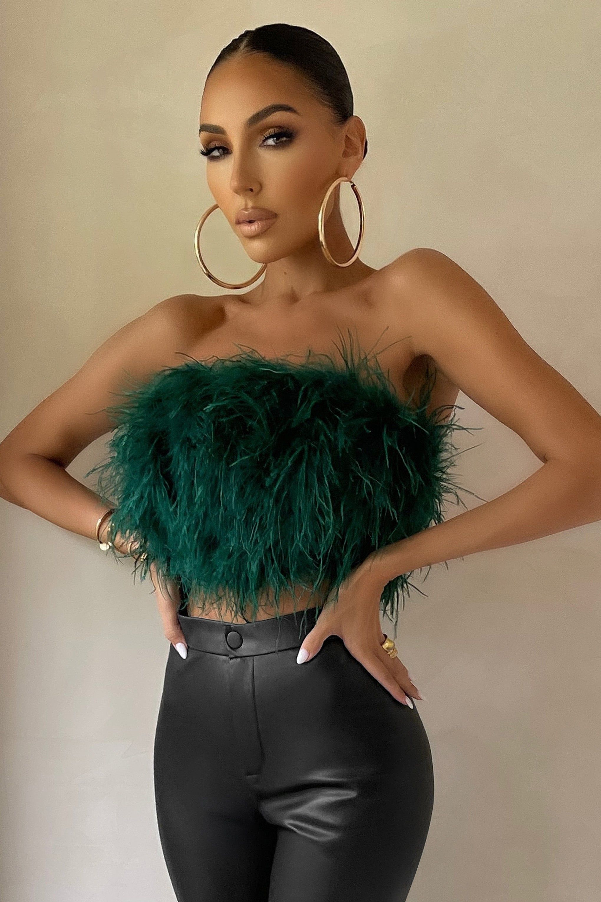 Dream Daze | Green Feather Bandeau Crop Top sold by Club L London product image thumbnail 4