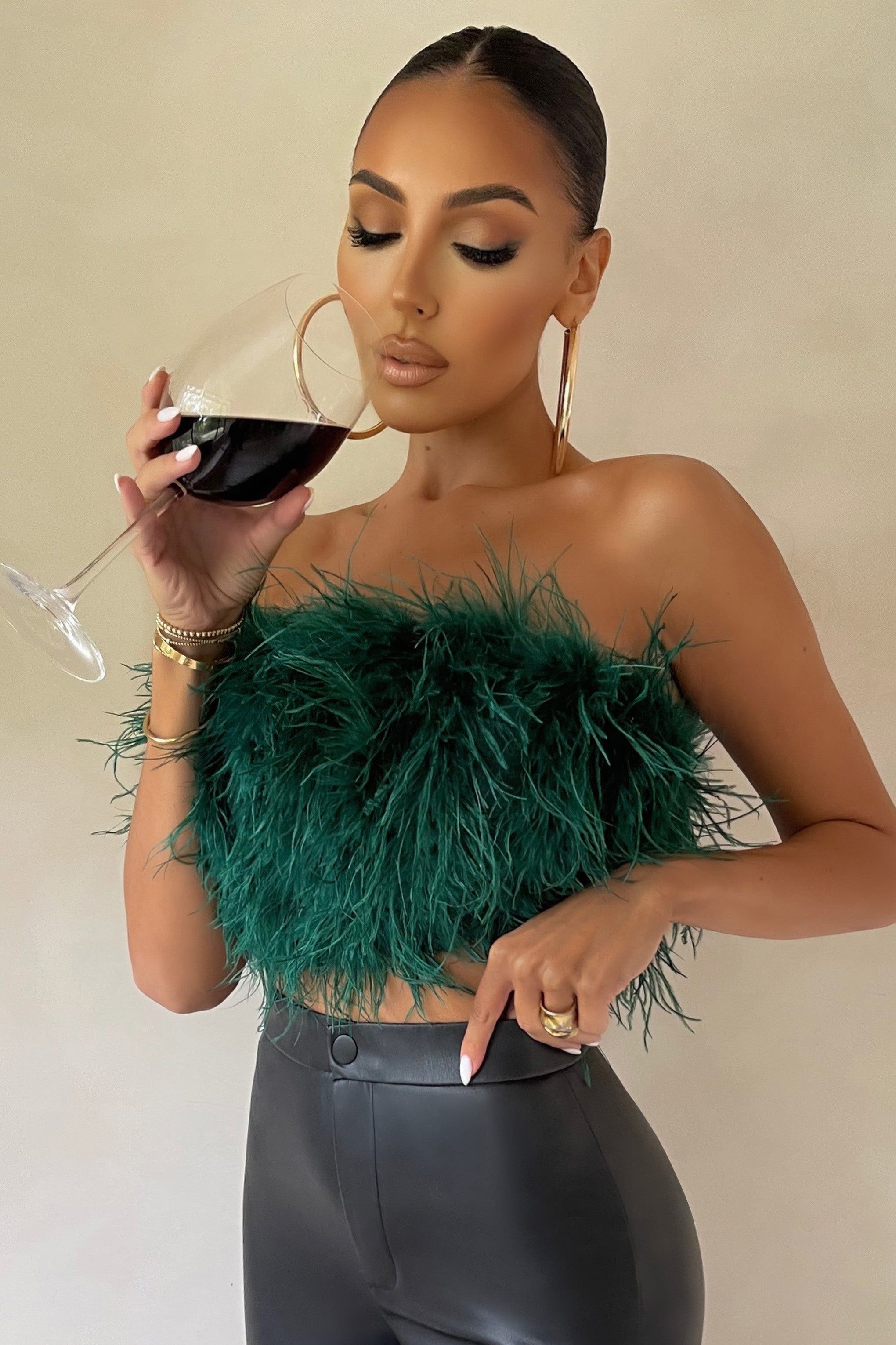 Dream Daze | Green Feather Bandeau Crop Top sold by Club L London