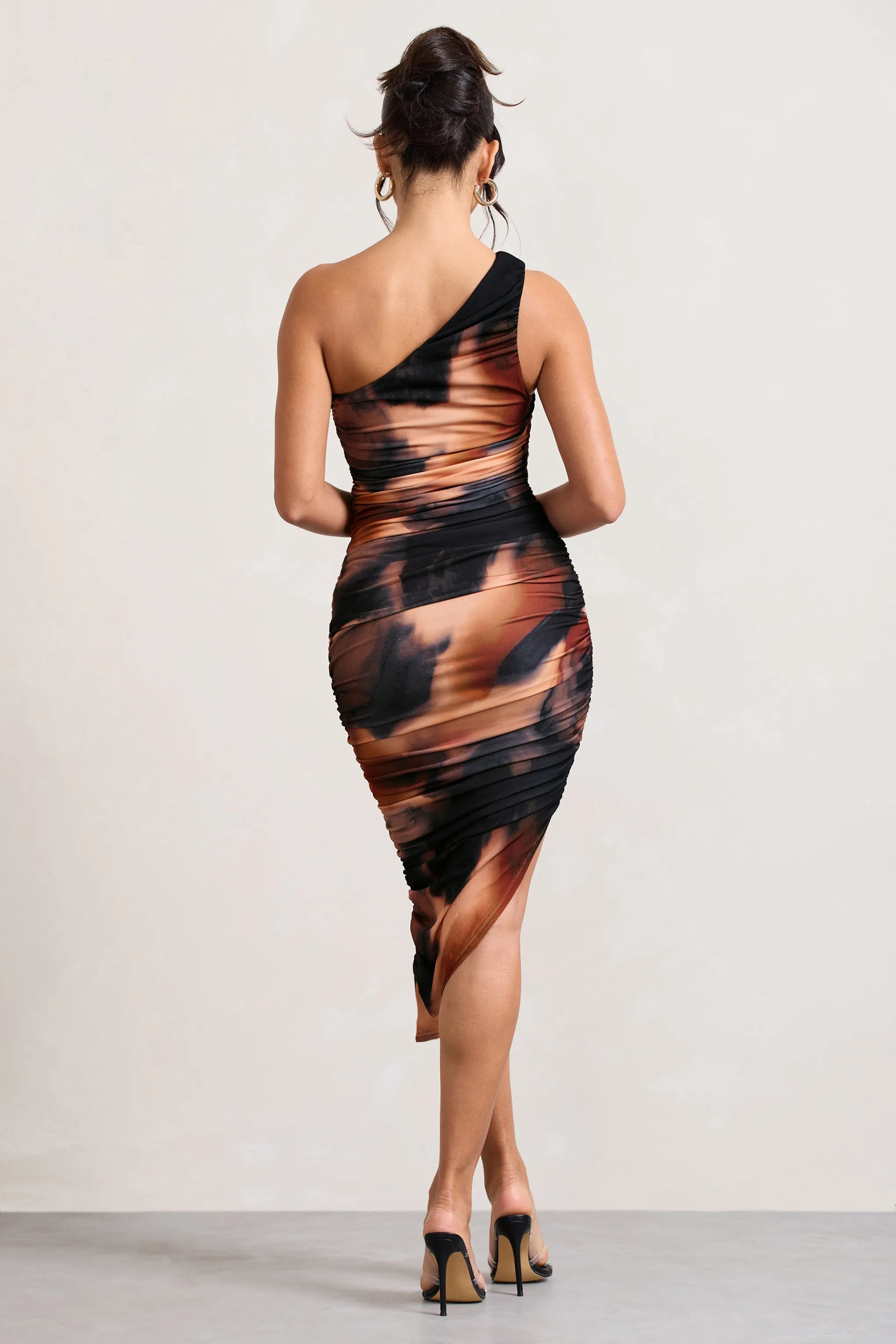 Late Night | Orange Smoke Print Asymmetric One Shoulder Ruched Midi Dress sold by Club L London product image thumbnail 2