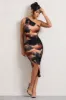 Late Night | Orange Smoke Print Asymmetric One Shoulder Ruched Midi Dress sold by Club L London