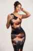 Late Night | Orange Smoke Print Asymmetric One Shoulder Ruched Midi Dress sold by Club L London
