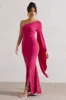 Giada | Dark Pink Ruched One Shoulder Cape Sleeve Maxi Dress sold by Club L London