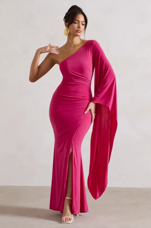 Giada | Dark Pink Ruched One Shoulder Cape Sleeve Maxi Dress sold by Club L London