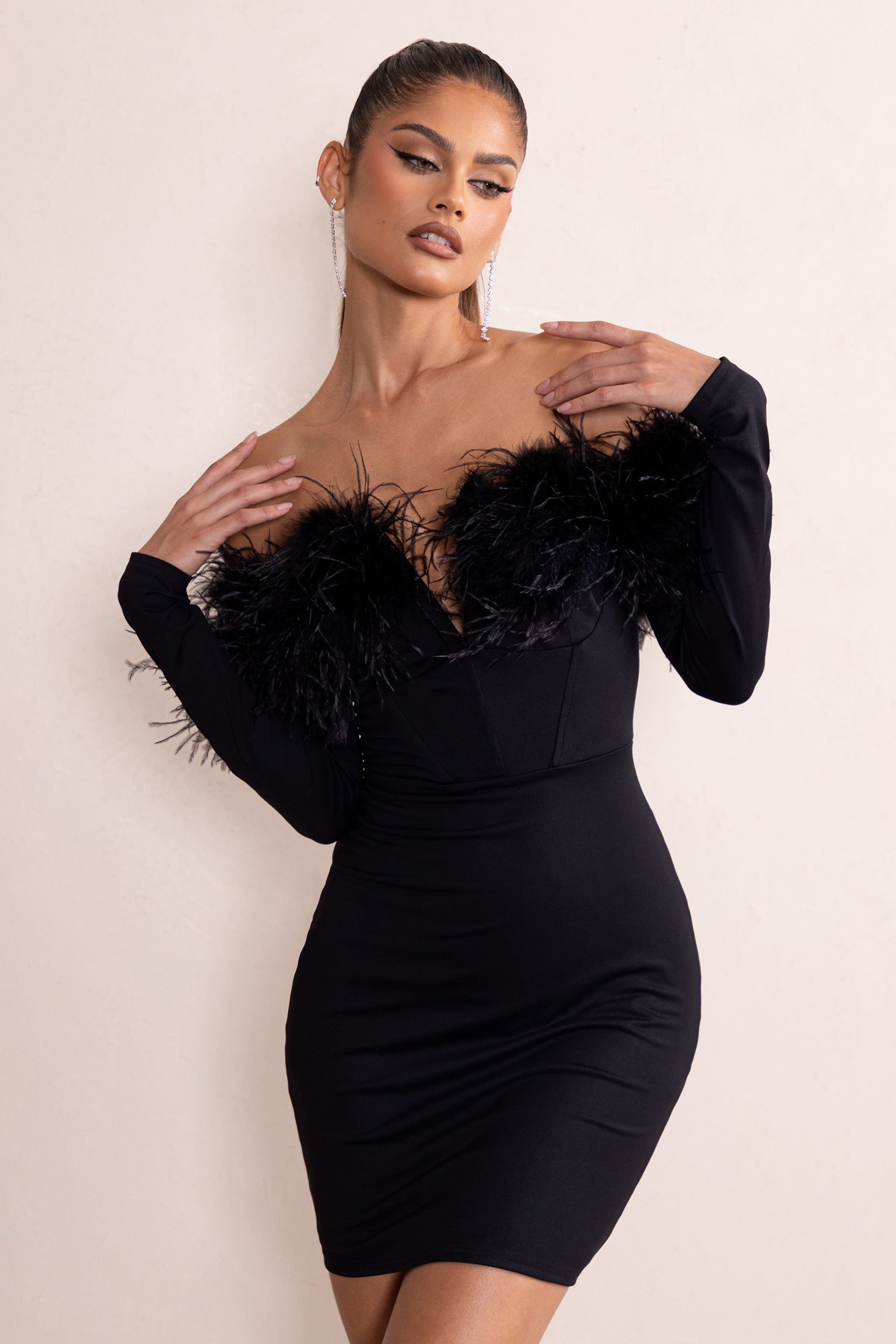 Celia | Black Plunge Neck Bardot Mini Dress With Feather Trim Detail sold by Club L London product image thumbnail 4