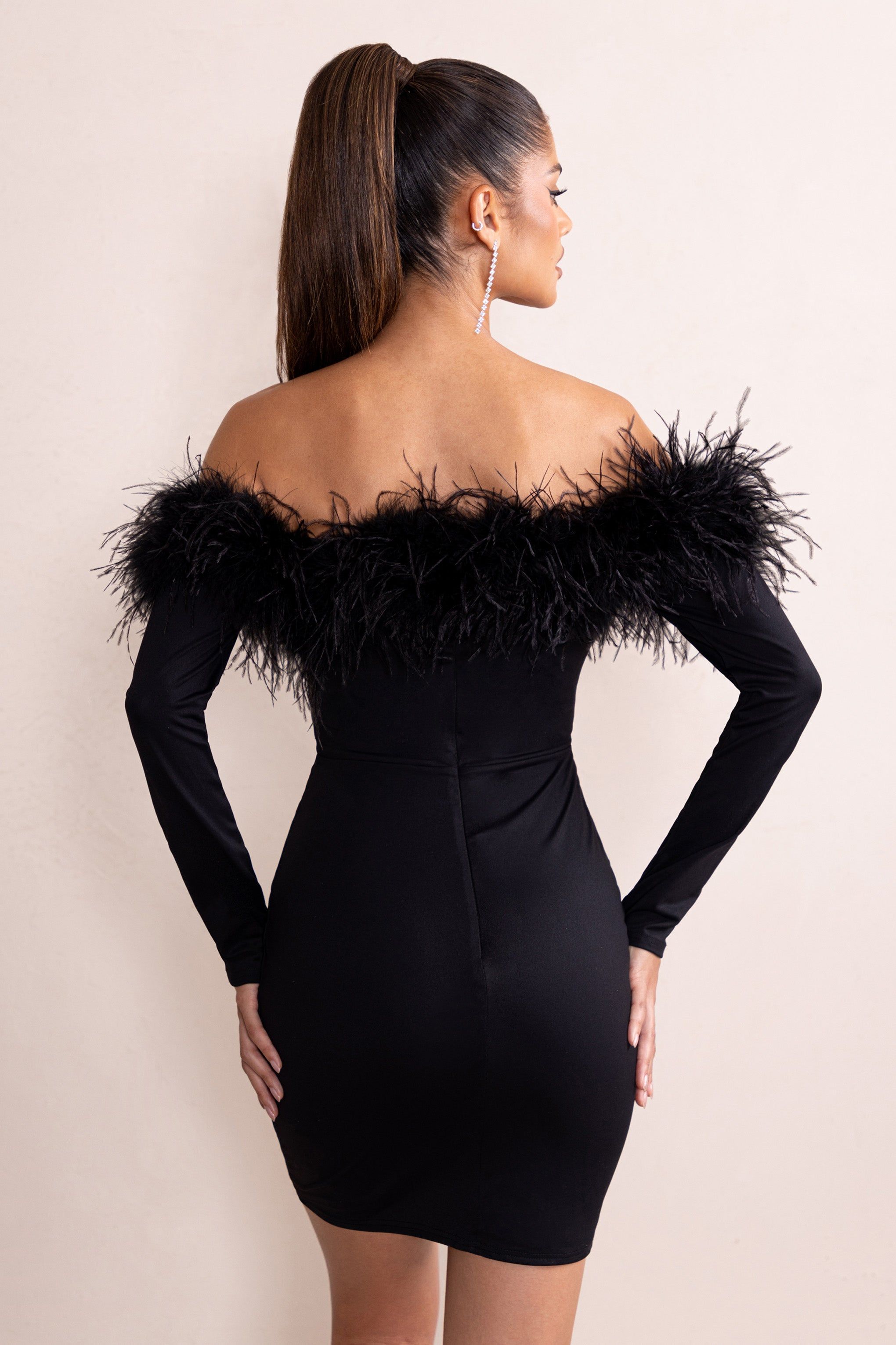 Celia | Black Plunge Neck Bardot Mini Dress With Feather Trim Detail sold by Club L London product image thumbnail 2