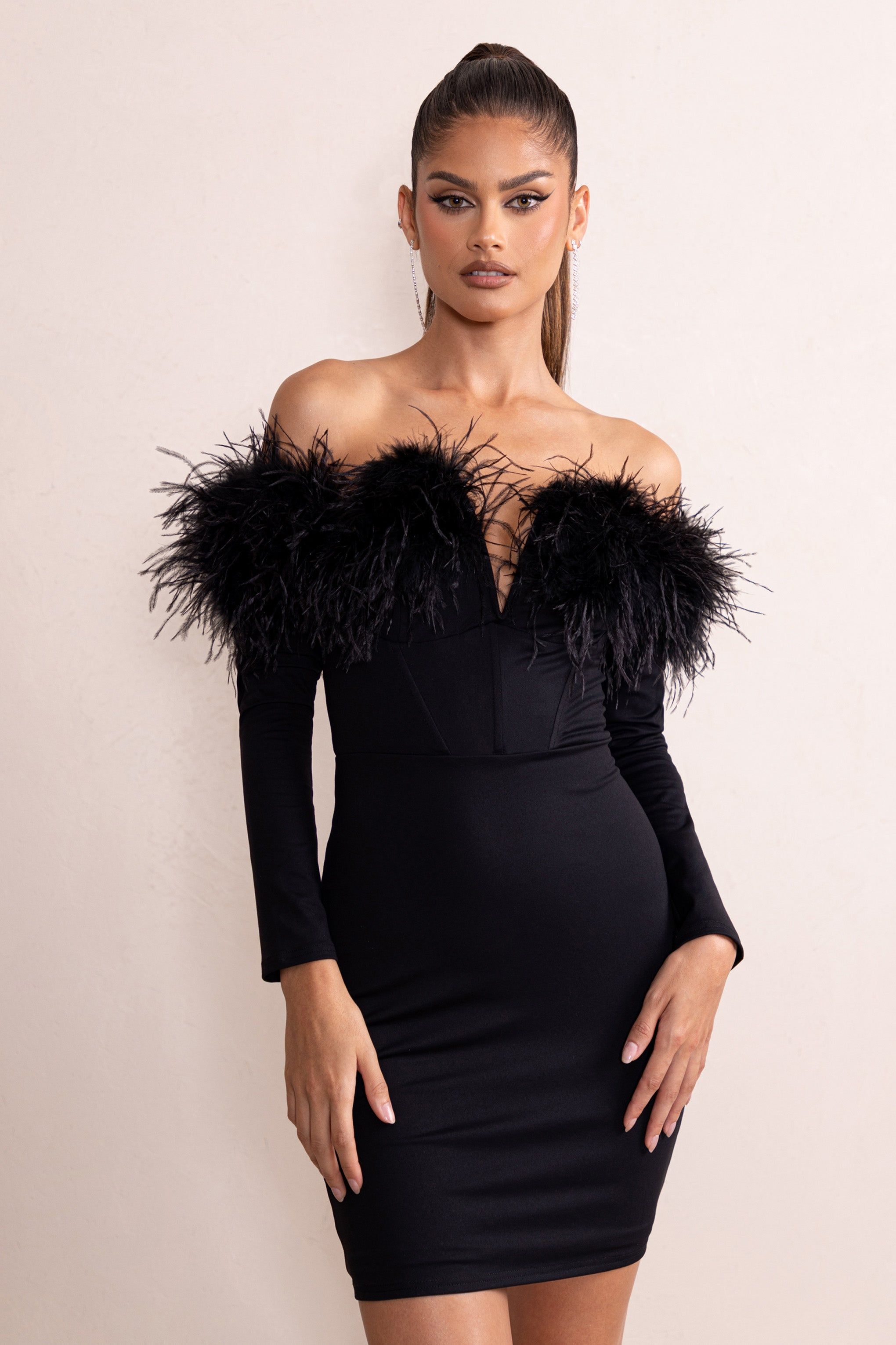 Celia | Black Plunge Neck Bardot Mini Dress With Feather Trim Detail sold by Club L London