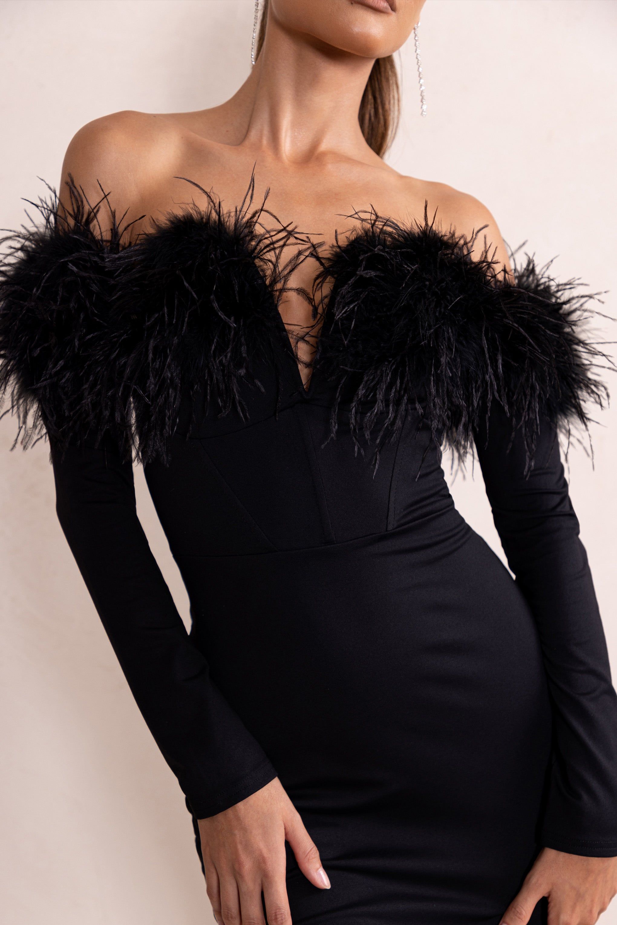 Celia | Black Plunge Neck Bardot Mini Dress With Feather Trim Detail sold by Club L London product image thumbnail 3