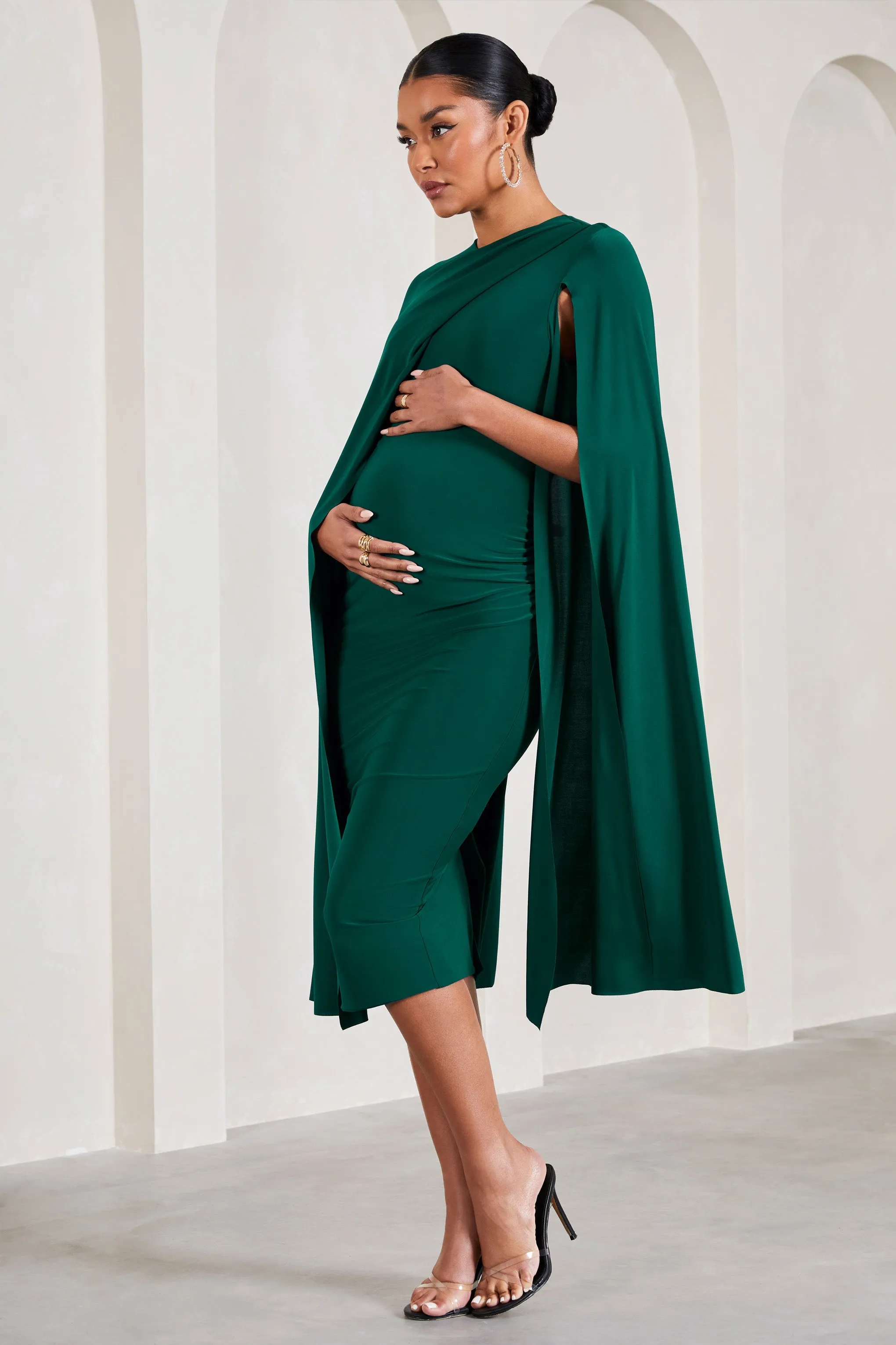 Cloud Nine | Bottle Green Maternity Midi Dress With Cape Sleeves sold by Club L London product image thumbnail 3