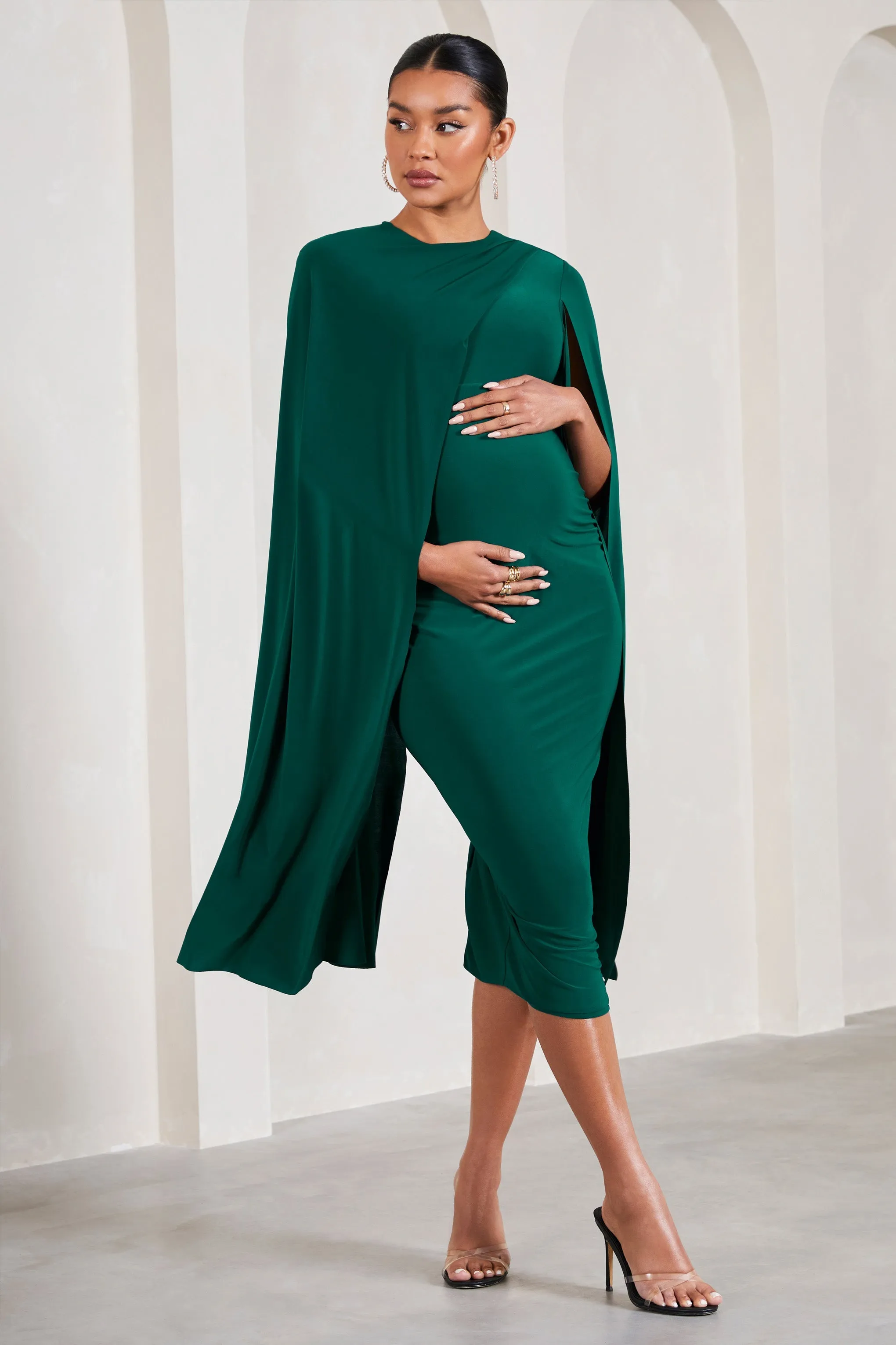 Cloud Nine | Bottle Green Maternity Midi Dress With Cape Sleeves sold by Club L London