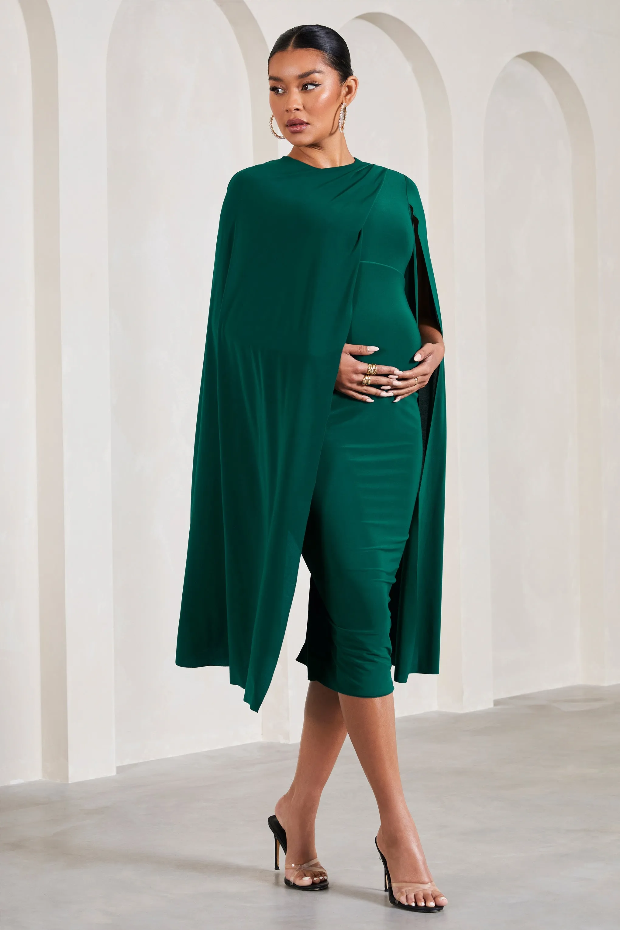 Cloud Nine | Bottle Green Maternity Midi Dress With Cape Sleeves sold by Club L London product image thumbnail 5