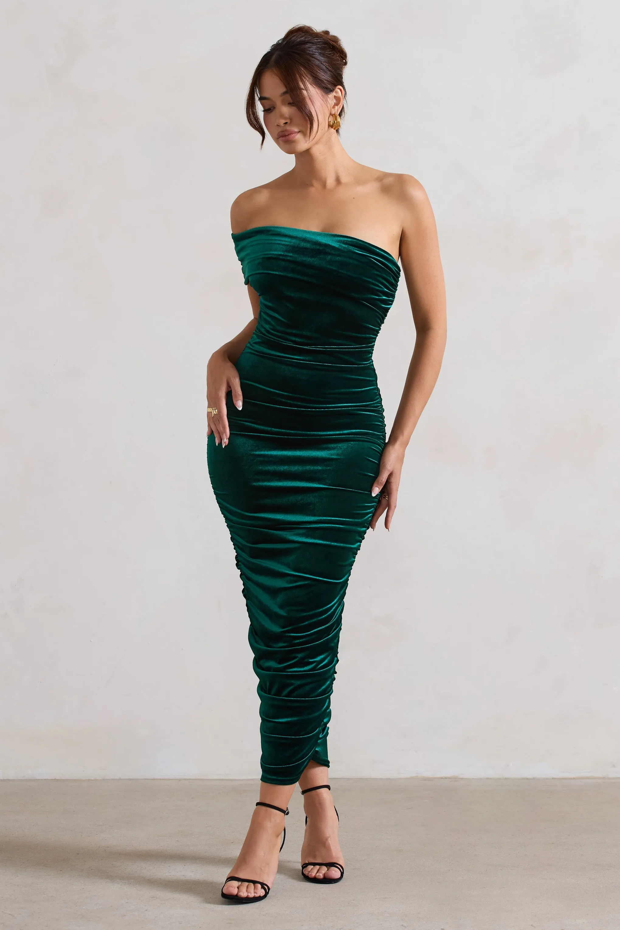 Remember Me | Bottle Green Velvet One Shoulder Midi Dress sold by Club L London product image thumbnail 5