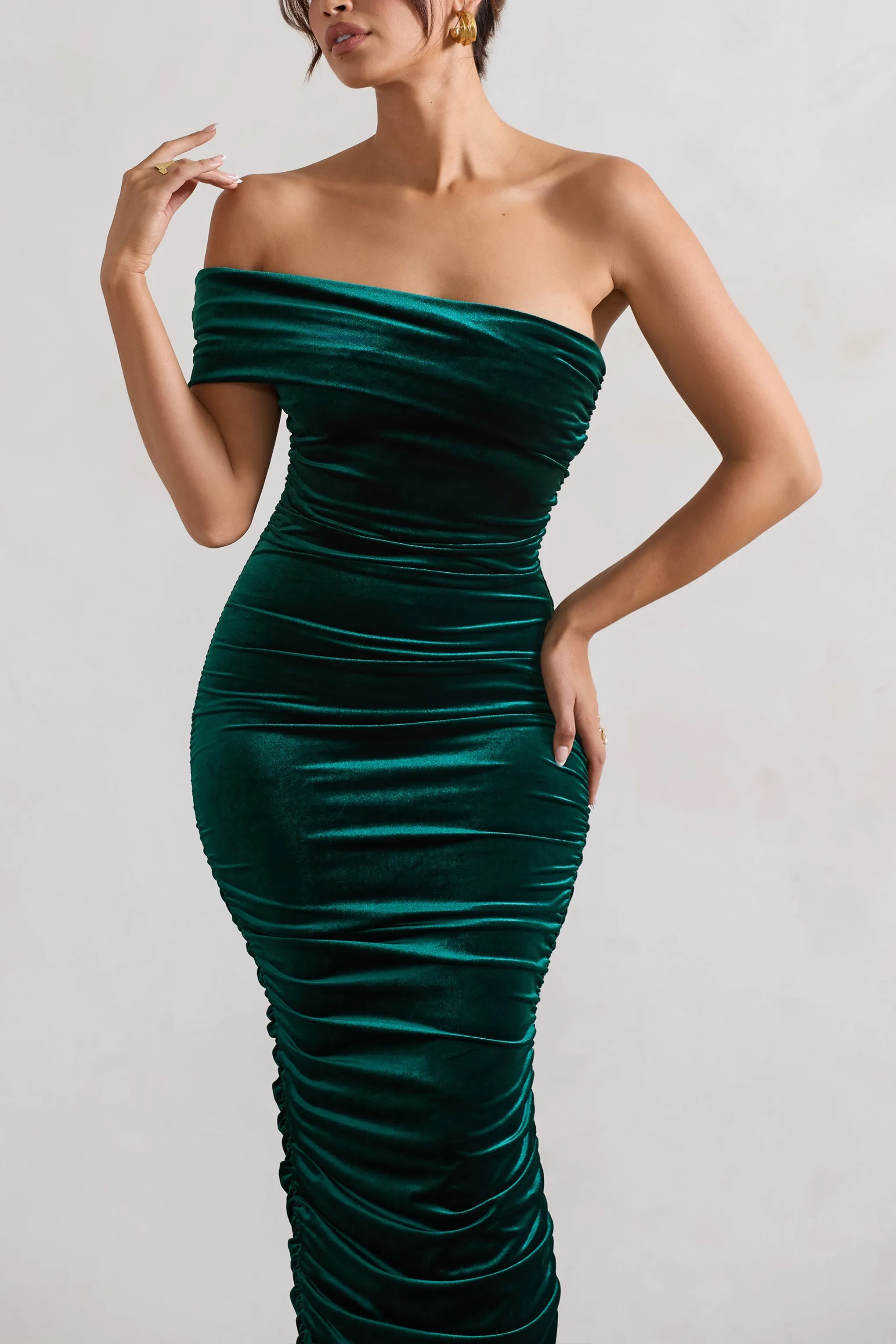 Remember Me | Bottle Green Velvet One Shoulder Midi Dress sold by Club L London product image thumbnail 4