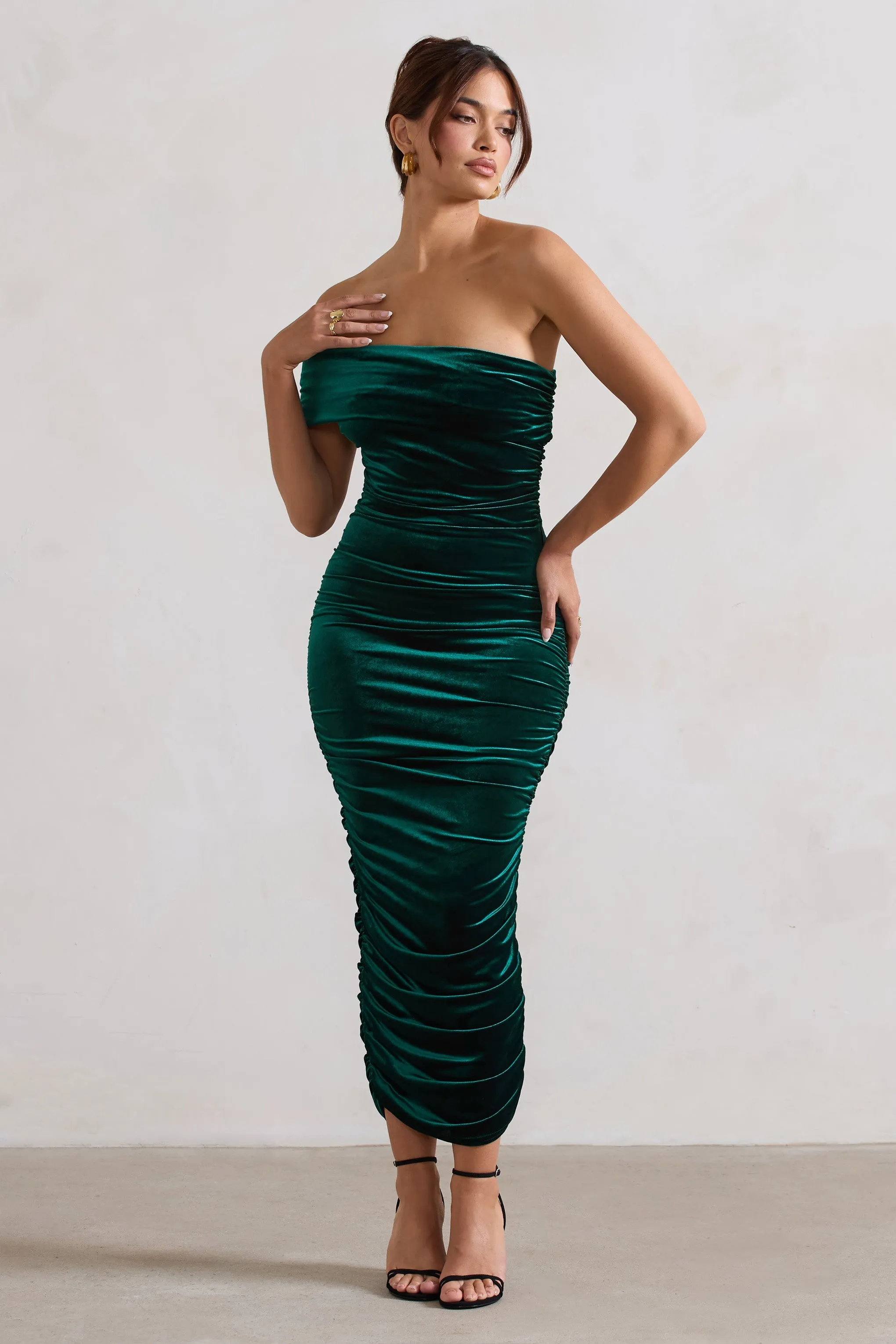 Remember Me | Bottle Green Velvet One Shoulder Midi Dress sold by Club L London product image thumbnail 3