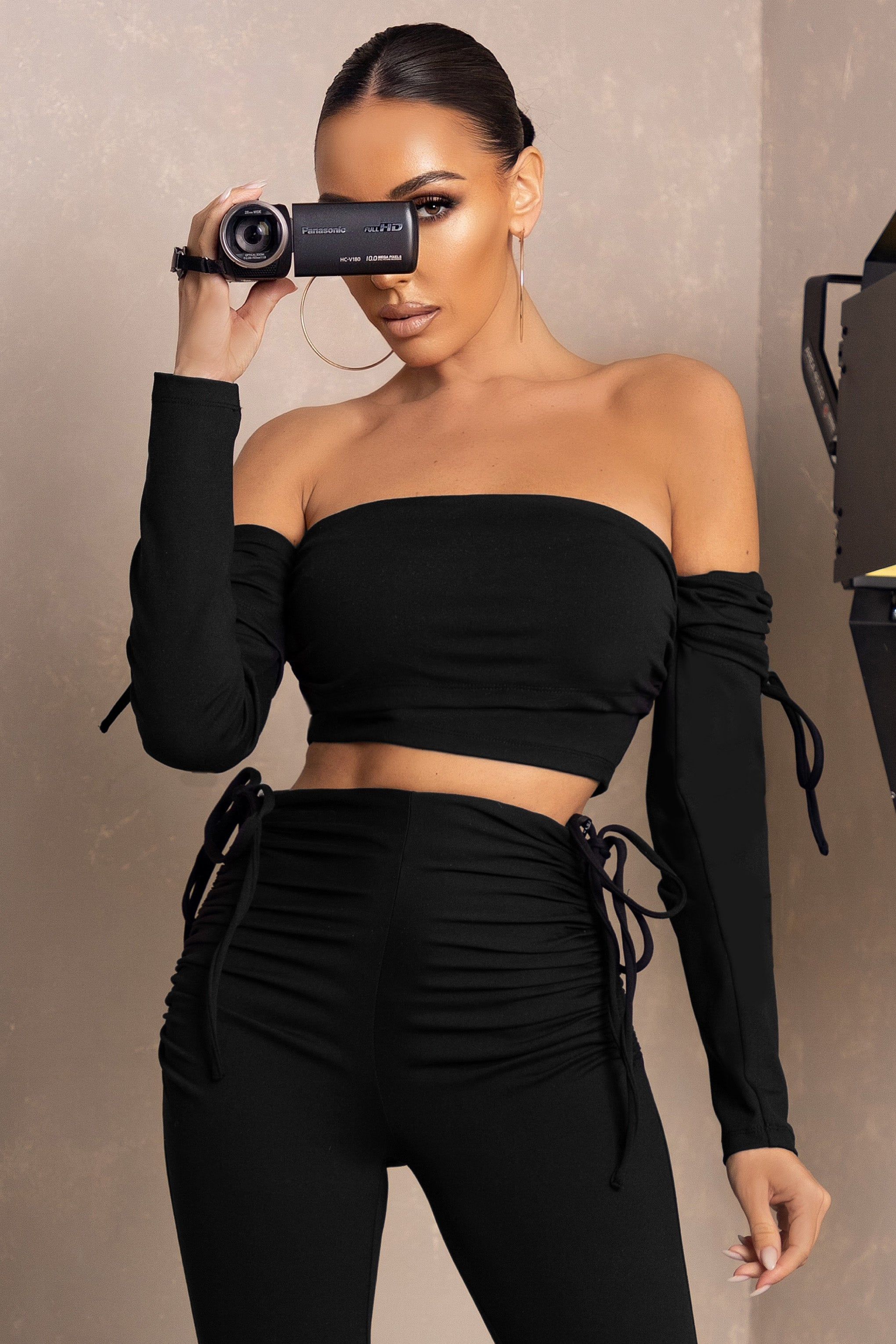 On Top | Black Ruched Bardot Crop Top sold by Club L London product image thumbnail 3