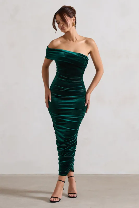 Remember Me | Bottle Green Velvet One Shoulder Midi Dress made by Club L London
