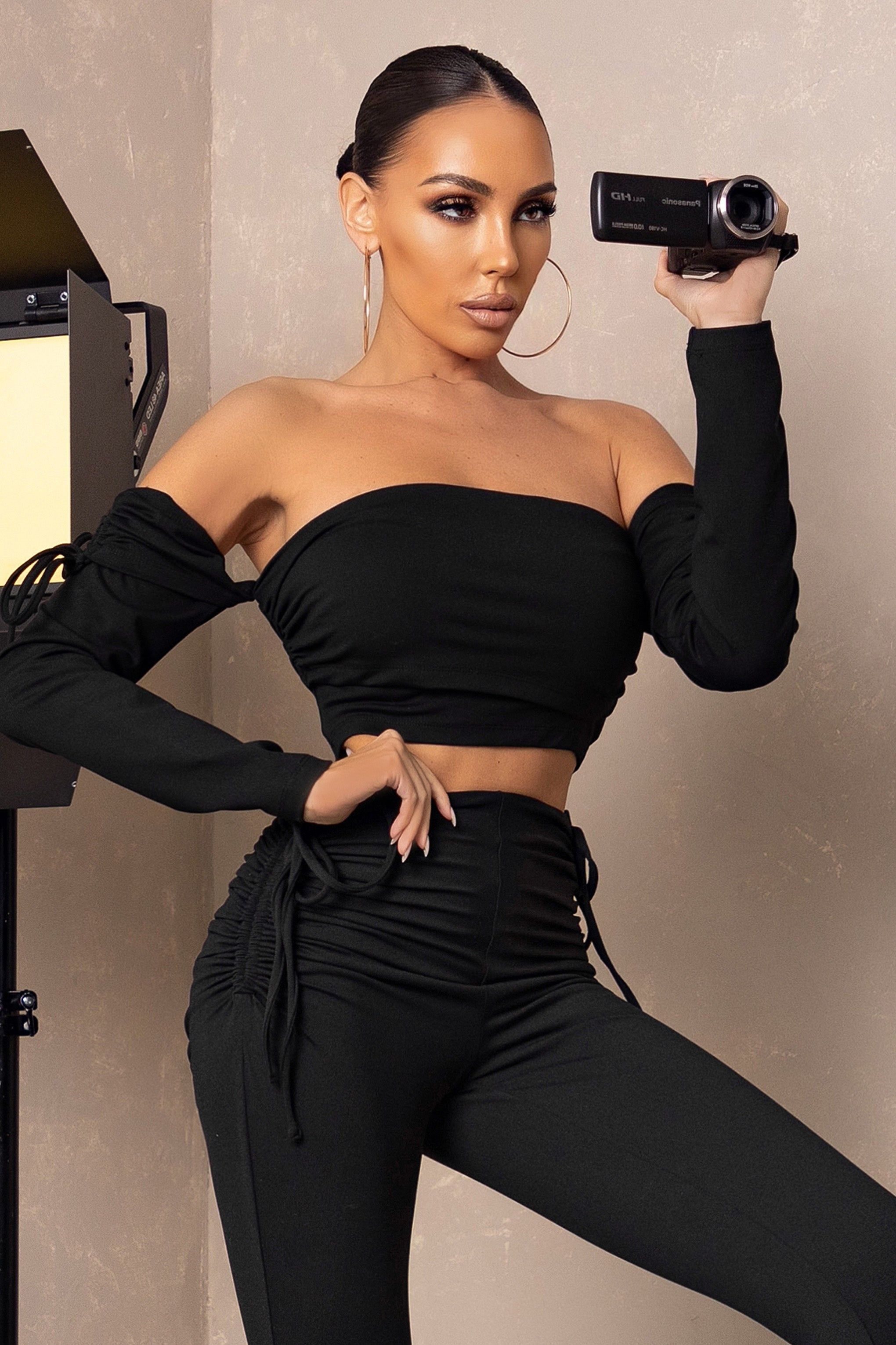 On Top | Black Ruched Bardot Crop Top sold by Club L London