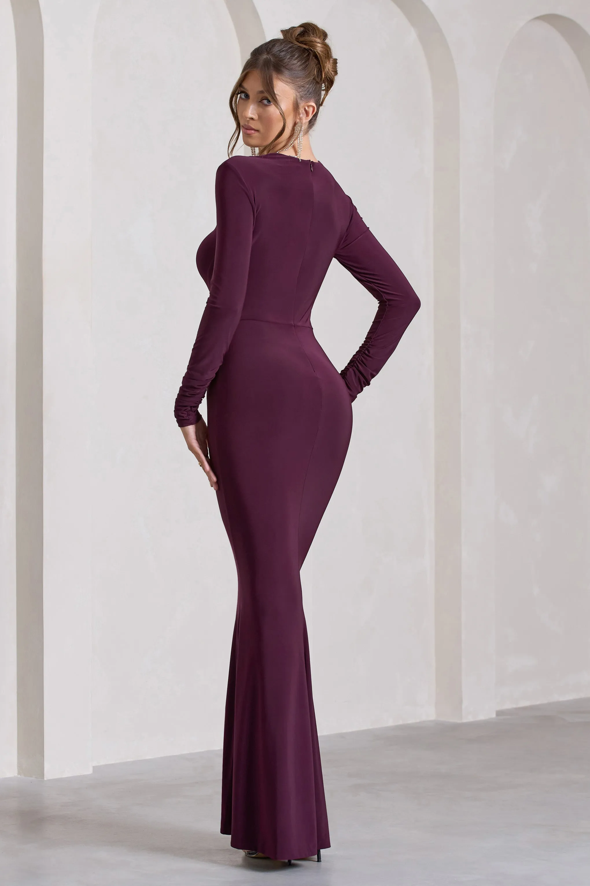 My Attention | Plum Plunge Cowl-Neck Long-Sleeve Maxi Dress sold by Club L London product image thumbnail 2