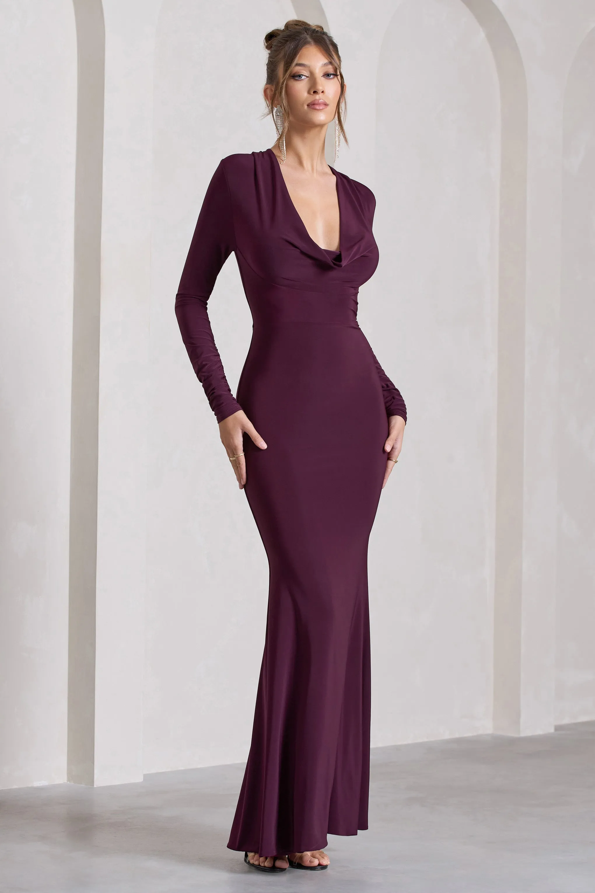 My Attention | Plum Plunge Cowl-Neck Long-Sleeve Maxi Dress sold by Club L London product image thumbnail 5
