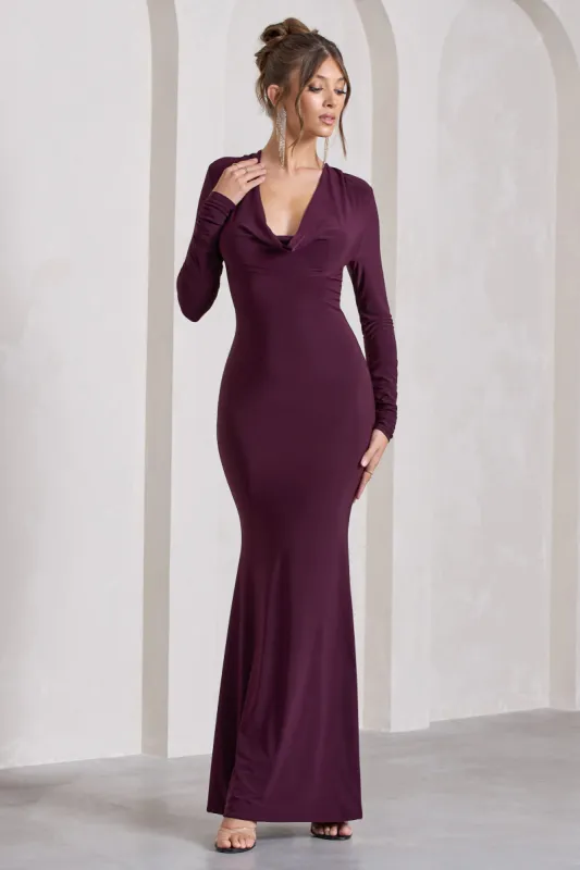 My Attention | Plum Plunge Cowl-Neck Long-Sleeve Maxi Dress sold by Club L London