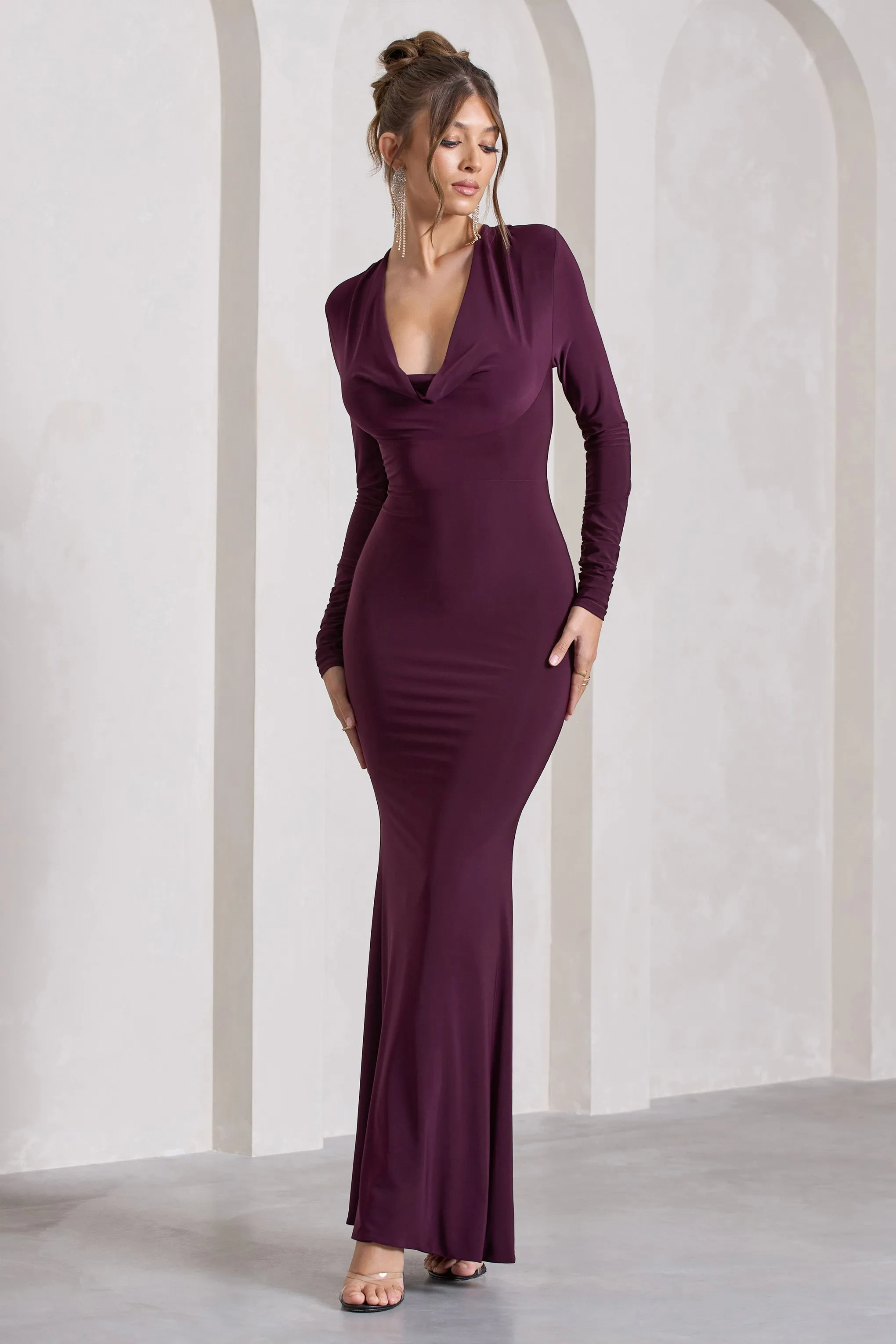 My Attention | Plum Plunge Cowl-Neck Long-Sleeve Maxi Dress sold by Club L London product image thumbnail 4
